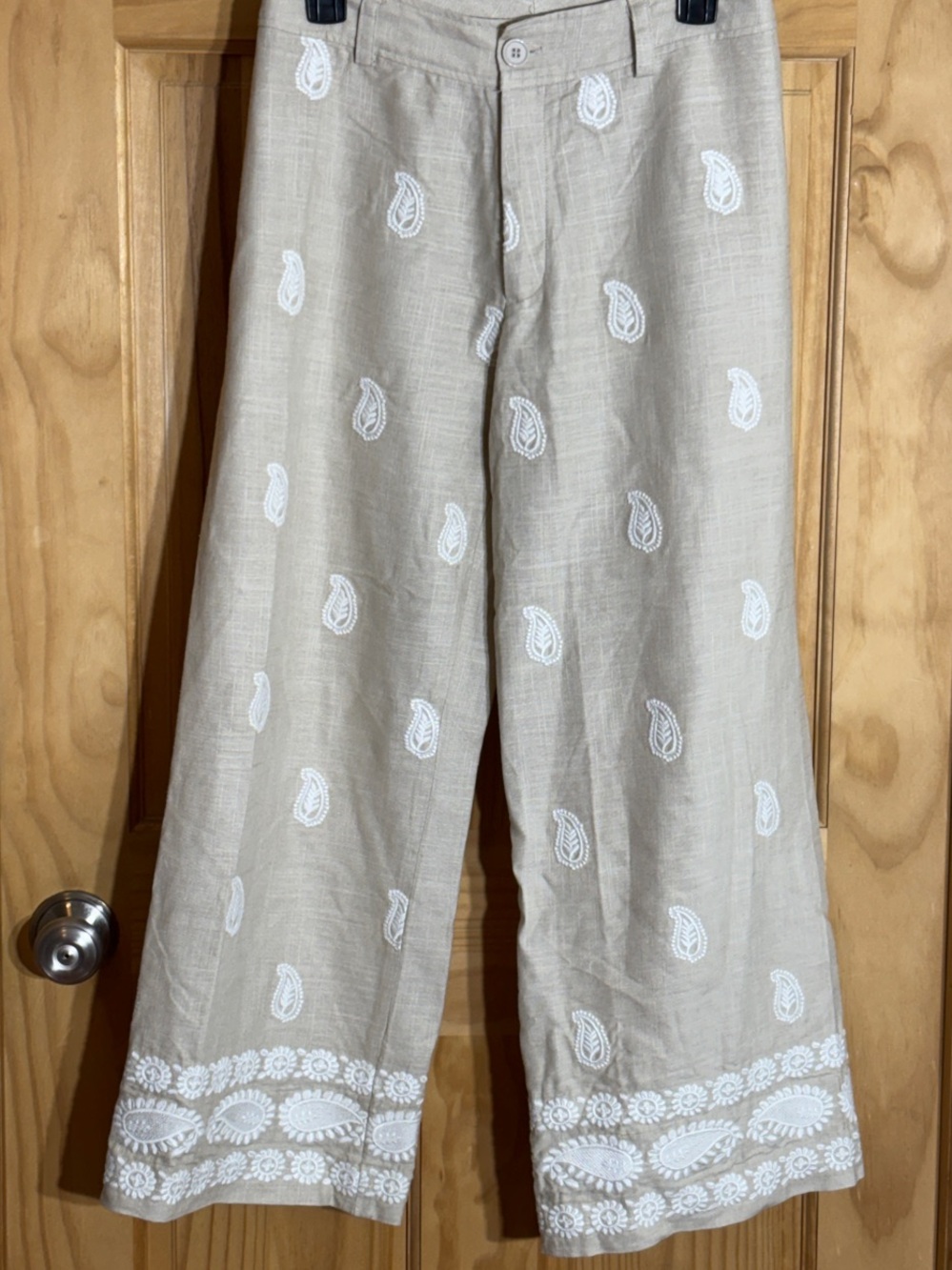 Elie Tahari Beige Linen Wide-Leg Pants with White Embroidery